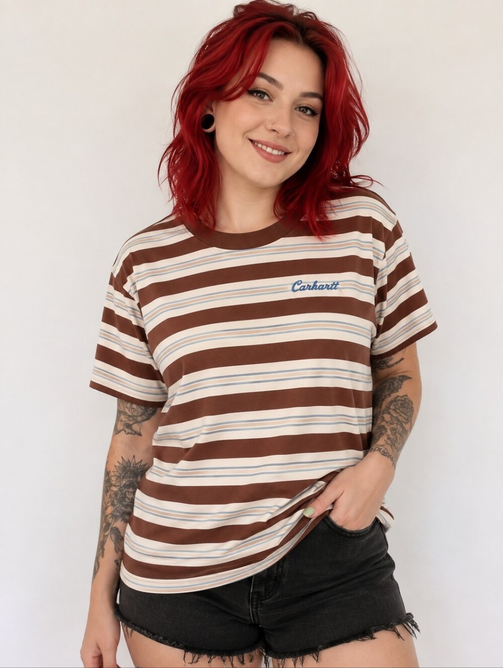 Carhartt Women's Brown, Cream & Light Blue Striped Short Sleeve Tee